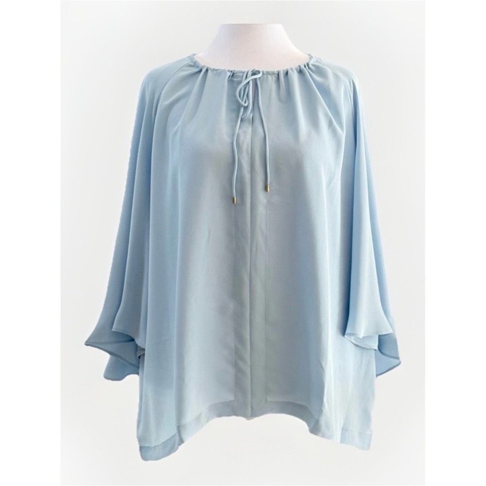 Vince Camuto Womens 2X Light Blue Cape Sleeve Tie Neck Blouse